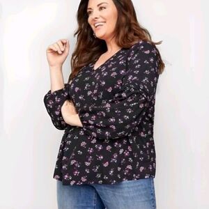 NWT Lane Bryant Women's Balloon Sleeve Blouse Top Floral Print Black Size 24